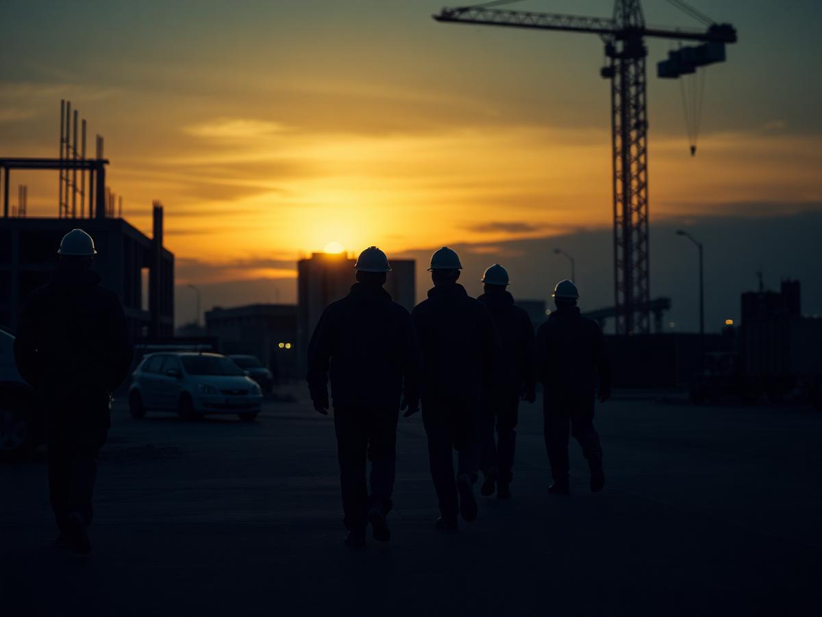Keystone field team walking a construction site at dusk